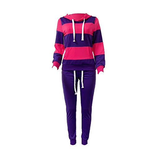 LROSEY Women Plus Size 2 Piece Striped Long Sleeve Hoodie Top and Pants Tracksuits Purple