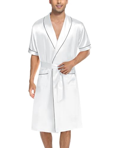 Swomog Men'S Silk Satin Bathrobe With Shorts Set Pocket Front Short Sleeve Sleepwear Belted Satin Robe thumb #1
