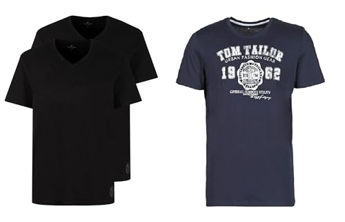 T-Shirt mit V-Ausschnitt TOM TAILOR lot de 2 en noir et bleu marine taille M
