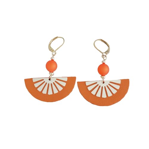Boucles d'oreilles demi-lune cuir orange et finitions dorées d'exception