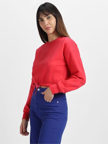 Image of JUNEBERRY Cotton Poly Fleece Regular Fit Pink, Purple Green & Orange Solid Full Sleeve Sweatshirt for Women