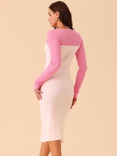 Image of Seta T Women's Long Sleeve Crew Neck Stretch Slim Cutout Color Block Ribbed Knit Bodycon Midi Sweater Dress Small Pink-Light Pink