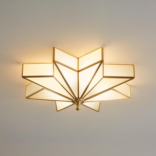 Image of Star Brass Ceiling Light - 19.7 In Large Gold Milk Glass Flush Mount