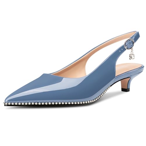 Image of TNYNFBEB Womens Low Kitten Heel Close Pointed Toe Pumps Slingback Silver Beaded Buckle Prom Party Dress Patent Leather 1.4 Inches Heels