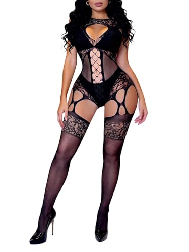 Buitifo Womens Fishnet Bodystocking Plus Size Crotchless Bodysuit Sexy Tights Soft Nightwear Lingerie for Women（Black XDD,One size）