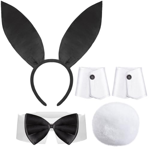 CHUANGLI Damen Bunny Kostüm Set Hasenohren Stirnband Kragen Fliege Kostüm Manschetten Hasenschwanz für Osterparty