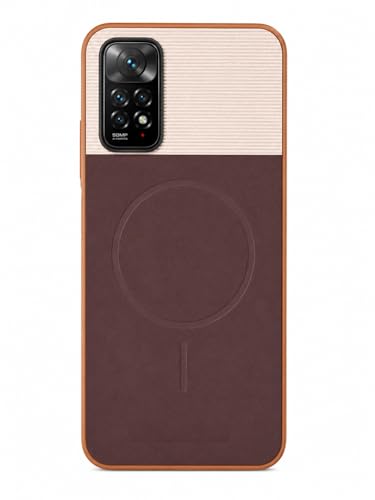 Image of Bintage Mac Safe Design Hard Slim Back Case | Soft Border Camera Protect | Dual PU Leather Finish Back Cover Compatible for Mi Redmi Note 11s - White & Cherry Brown