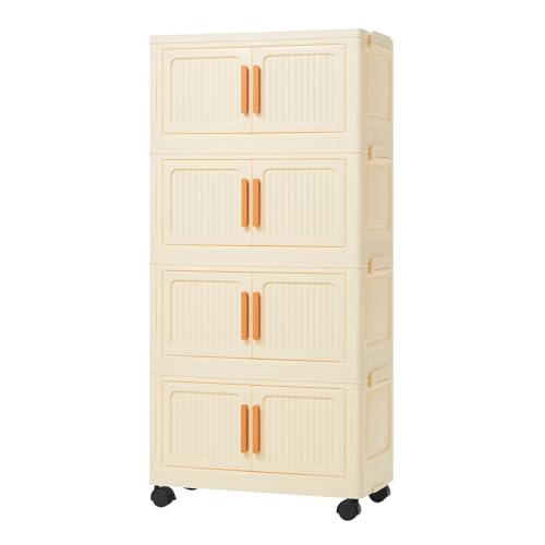 Y.H BLISSHAVEN Storage Boxes with Lid, 3/4/5-Tier Plastic Stackable Storage Cabinet, Folding Collapsible Bins with Wheels, Storage Organizer for Bedroom Living Room Office (4-Tiers)