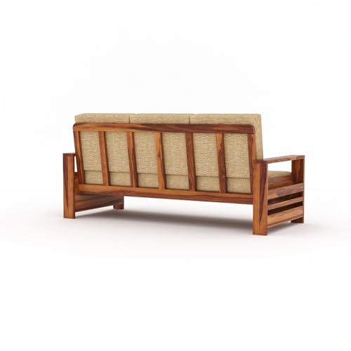 Image of Sheesham Wooden 3 Seater Sofa for Living Room | Rosewood 3 Seater Cushion Sofa with Side Rack | Solid Wood Sofa Set for Lounge (3 Seater,Honey)
