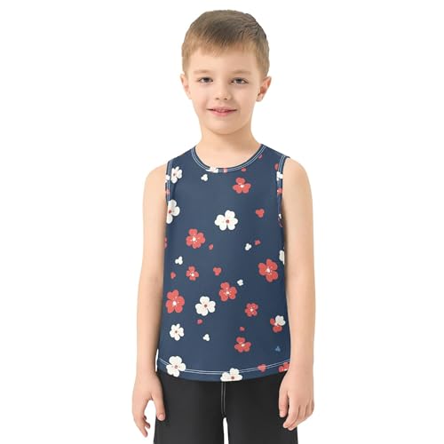 JUNZAN Retro Colorful Flowers Navy Blue Tank Tops for Children Sleeveless Kids Vest Outdoor Tshirts for Swim Beach 3T2