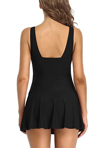 Women's V Neck Waffle Weave One Piece Swim Skirt Ruched Tummy Control Swimdress2