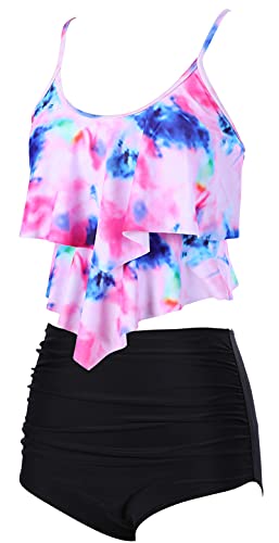 Womens High Waisted Bathing Suits Flounce Halter Tank Top Bikini Bottoms Tummy Control Modest Swimwear Two Piece Swimsuits Tankini Tie Dye Pink M #TOP2