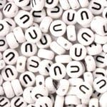 White Plastic Round Alphabet Beads, 7mm, Letter U, 100 pcs