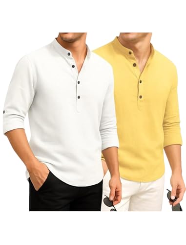Image of DEEMOON Combo of Men's Cotton Blend Solid Regular Fit Full Sleeve Short Kurta | Men's Trendy Short Kurta Pack of 2 (Available in Plus Size & Combo Packs)