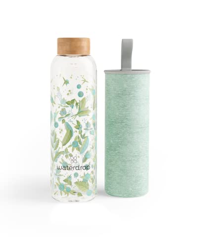 waterdrop® Glass Water Bottle 600ml, Water Flask with Bamboo Lid & Sleeve, Reusable Borosilicate Glass Flask, Leakproof