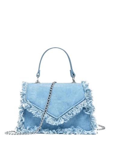 QWINEE Women's Fringe Crossbody Tote Bags Denim Square Bag Satchel Handbags Purses with Chain Strap