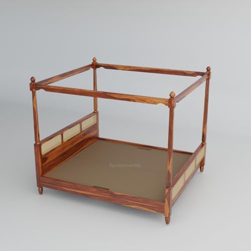Image of Sheesham Wood King Size Poster Bed Four Poster Bed for Bedroom Solid Wood Double Bed Rattan Canopy Bed Cot Rattan-Honey-King