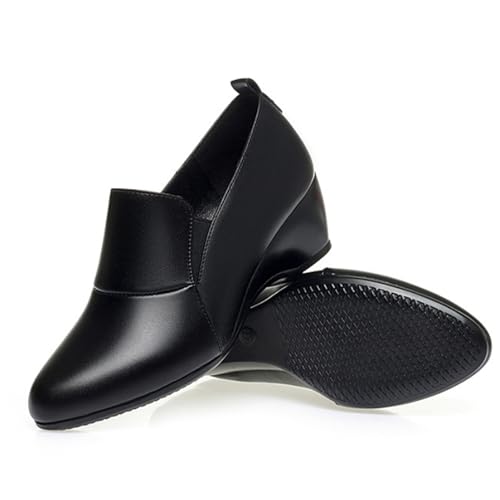 Image of Women's Leather Wedge Round Toe Dressy Shoes Comfortable Soft Leather Platform Slip On Casual Loafers Suitable for Driving Business Work Walking
