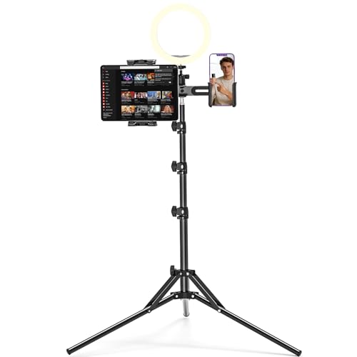 JUBORUI 3-in-1 Tablet Tripod Stand 63 Height Adjustable iPad Floor Stand with 2 Holders 360 Rotating iPad Tripod Mount for Camera Microphone Ring Light All 4.7-12.9 Tablets and Phone