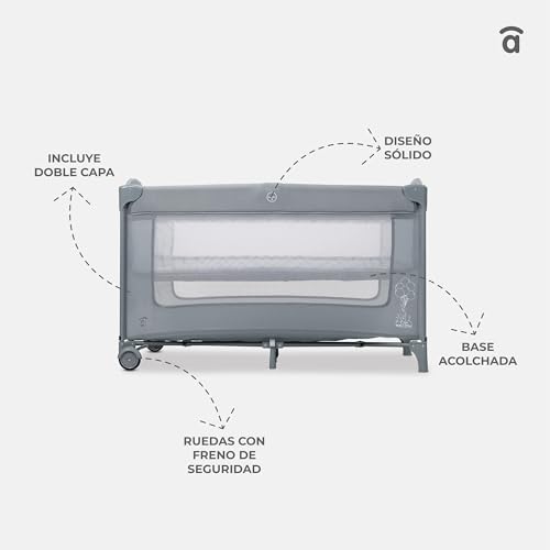 Asalvo Cuna de Viaje Colecho Together 2 en 1 – Cuna Bebé Plegable con Doble Altura, Correas de Seguridad, Ruedas con Freno y Bolsa Transporte – Desde Nacimiento hasta 15 kg – Gris - imagen 4