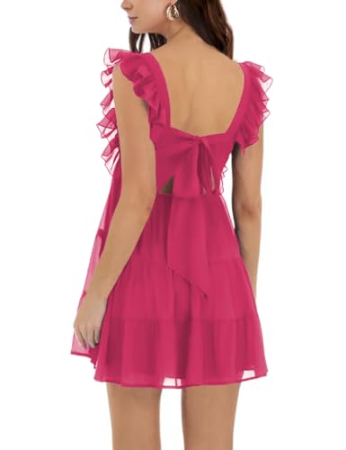 Image of Women's Summer Square Neck Tie Back Ruffle Sleeve Tiered Casual A-Line Short Mini Dress
