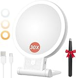 Auxmir Specchio Trucco con Luci LED, Specchio Ingranditore 30X/1X a Doppio Lato, Luminosità Regolabile a 3 Colori, Specchio da Tavolo Pieghevole con Foro per Appendere, Ricaricabile e Portatile