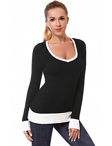 AmélieBoutik Women Color Trim V Neck Long Sleeve Pullover Knit Sweater Top3