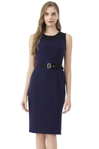 Image of AXOE Women's Office Wear Work Dress Vintage with Lace & Pockets Stretchy Knee-Length for Business Navy, UK Size 10, S