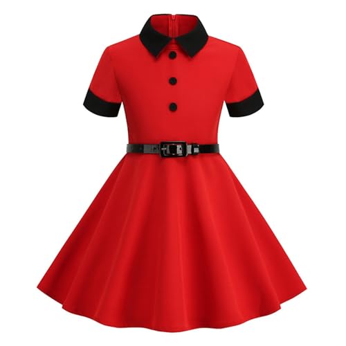 Summer Vintage 1950s Dresses for Girls Lapel Short Sleeve A-Line Dress 50s Retro Swing Smocked Dress with Belt3