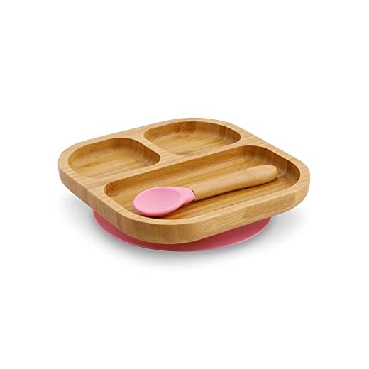 BIOZOYG Juego de platos de bambú cuadrados I Plato con ventosa y cuchara - certificado FSC I platos madera de bambú p. niños - plato y cuenco para niños I vajilla bambú para bebés cuadrada rosa