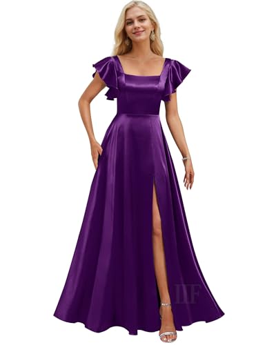 Image of IIF Short Sleeve Bridesmaid Dresses with Pockets Square Neck A-Line Satin Prom Gown Dress for Women with Slit IIF134