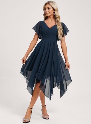 Asymmetrical V Neck Ruched Chiffon Bridesmaid Dresses Short for Women Flutter Sleeve Formal Party Gowns with Pockets2