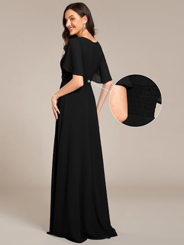 Image of Ever-Pretty Women's Classic Round Neck Pleated Short Sleeves Chiffon Appliques Floor Length A Line Formal Evening Dresses