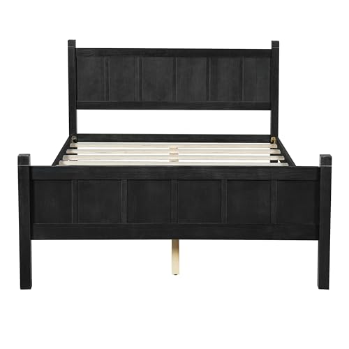 Image of Full Size Vintage Bed Frame with Headboard, Farmhouse Wooden Platform Bed with Under-Bed Storage, Minimalist Modern Wood Grain Finish Bedframe for Bedroom (Black)
