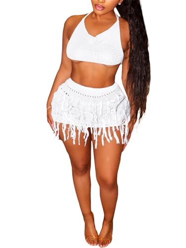 Image of CALEBGAR Women 2 Piece Outfits Sexy Crochet Mini Dress Hollow Tassel Skirts Sets Summer Bandage Tube Tops