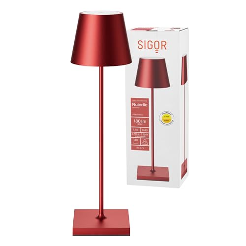SIGOR Nuindie - Dimmbare LED Akku-Tischlampe Indoor & Outdoor, IP54 spritzwassergeschützt, Höhe 38 cm, aufladbar mit Easy Connect, 12 h Leuchtdauer, kirschrot