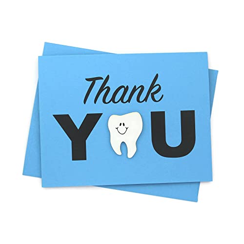 Tooth Thank You Card for Dentists Pack of 10 | Handmade Dental Hygienist Greeting Notecard | Aqua Blue