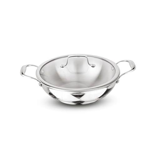 Image of Signoraware Artista Tri Ply Stainless Steel Shallow Kadhai 26cm with Glass Lid | Induction & Gas Compatible | Durable | Ideal for Stir Frying & Sauteing | Best for Curry & Gravies (4 LTR | Steel)