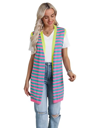 Dresswel Women's Color Block Striped Kimono Cardigan Vest Sleeveless Open Front Colorful Duster Sweater Soft Knit Long Vest2