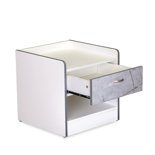 Image of Nilkamal Marbito Night Stand | Engineered Wood Build | Spacious Top Shelf |Drawer with Marble Finish and A Bottom Shelf | 1 Year Warranty | Frosty White