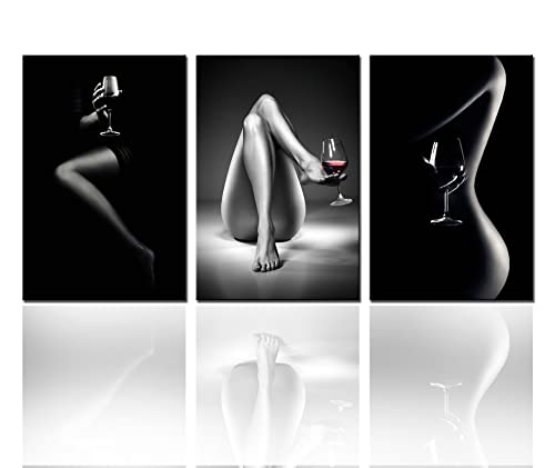 Tucocoo Wall Pictures For Bedroom Fashion Women Black White Paintings 3 Panel Canvas Sexy Girl And Wine Glass Wall Art Contemporary Artwork Home Decor For Living Room Framed Ready To Hang(60X28Inch) #TOP8