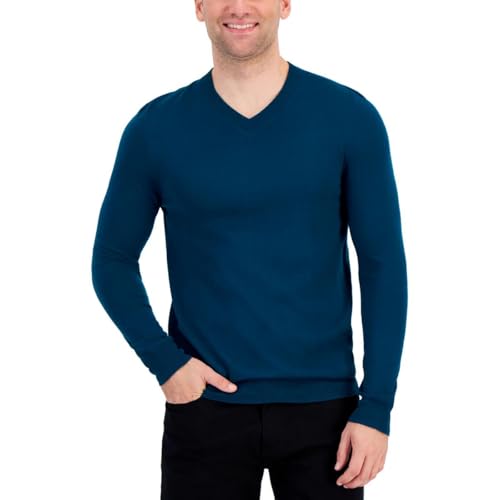 Alfani Mens Ribbed Trim Extra Fine Merino Wool V-Neck Sweater Blue XXL