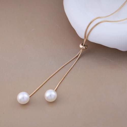 Long Pearl Lariat Necklaces Single Pearl Drop Y Necklace Dainty Pearl Pendant Sliding Necklace Adjustable Round Snake Chain Y Necklace Jewelry for Women Girls4