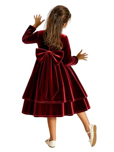 Girls Velvet Dress with Bow Fall Winter Long Sleeve Tiered Holiday Birthday Party Dresses for Girls 2-14Y