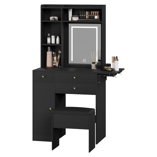 ARTETHYS Vanity Desk with Mirror and Lights Black Makeup Vanities Set with Storage Chair Dressing Table with Drawer and Fold-up Panel for Bedroom