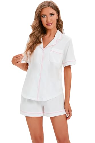Image of LUBOT 100% Cotton Pajamas for Women 2 Piece PJ Set Button-Down Soft Knit Short Sleeve Summer Sleepwear Loungewear XS-XXL