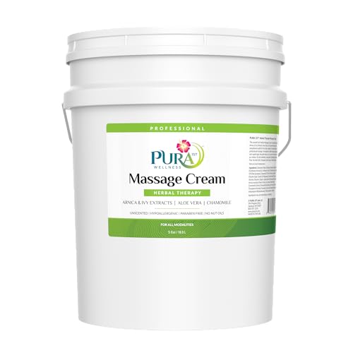PURA 1ST Professional Herbal Therapy Massage Cream, Aloe Vera, Arnica Extract, Unscented, Hypoallergenic, Natural, Skin Moisturizing, Skin Hydrating, Deep Tissue, Wellness, Physical Therapy, 5 Gallon