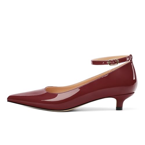 Womens Kitten Low Heel Pointed Toe Pumps Ankle Strap Buckle Party Office Dress Heels Shoes 1.4 Inches2