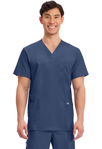 Cherokee Scrub top for Men V-Neck with 3 Pockets, Knit Details, Soft, Durable, Breathable, 2-Way Stretch Fabric Plus Size - WW670, 2XL, Navy