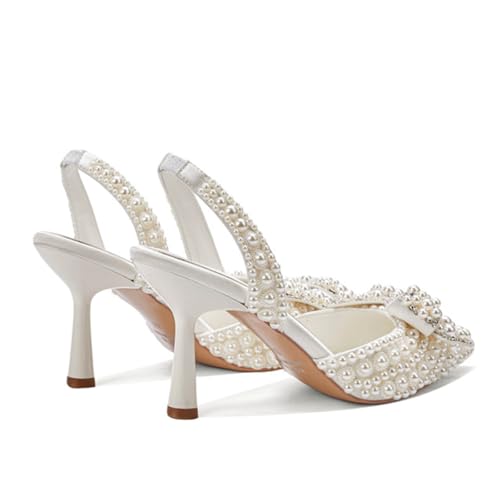 Goolita Bow Pearl Slingback Heels for Women, Pointed Closed Toe Slip On Heeled Sandals Stiletto Heel Evening Bridal Shoes for Wedding4